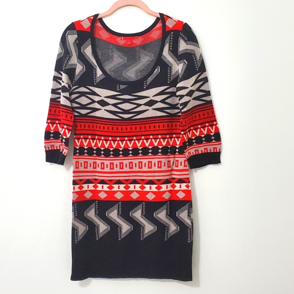 LIV Geometric Patterned Red Black Knit Mini Dress Scoop Neck Medium